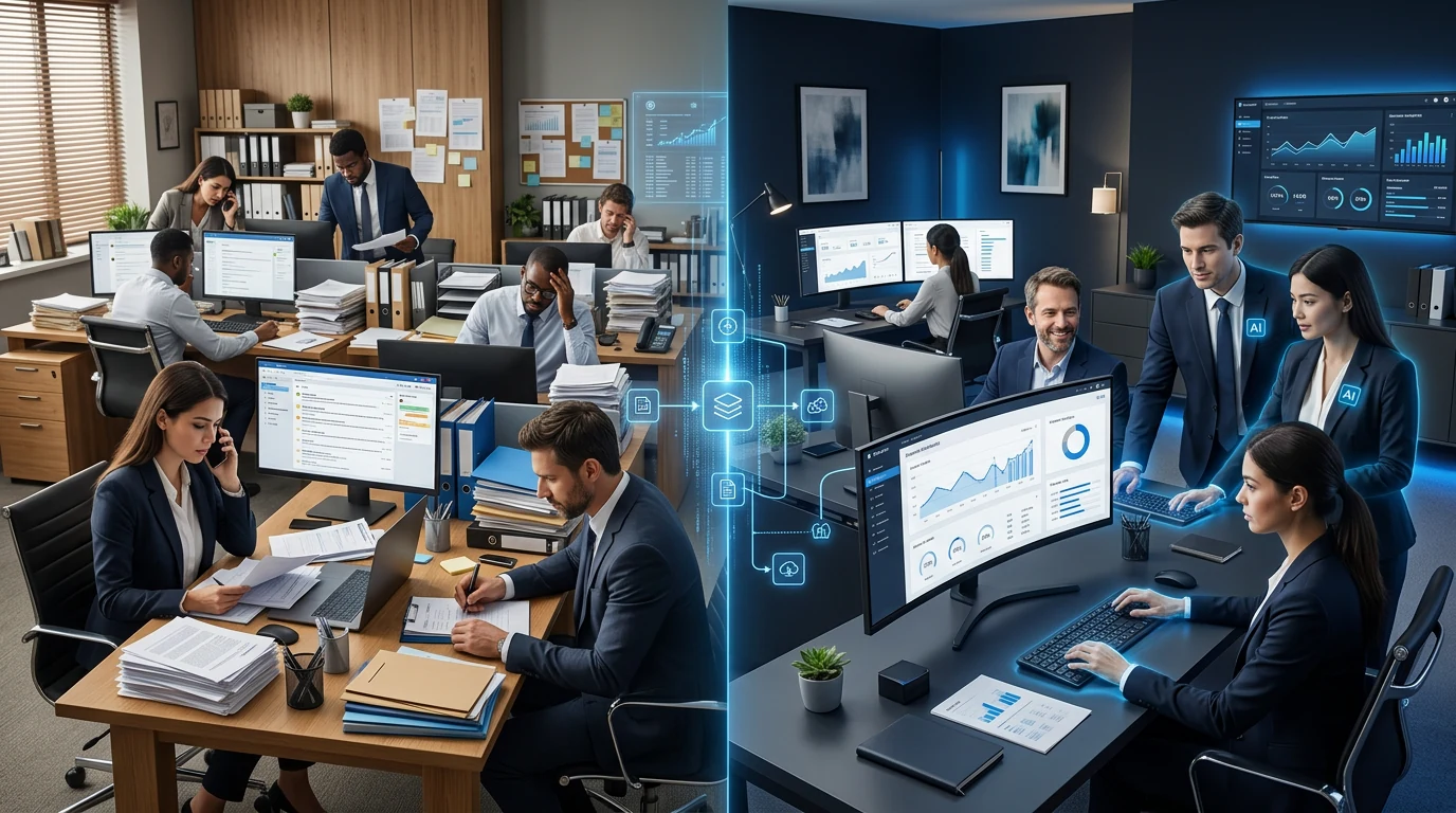 Comparación visual entre trabajo manual disperso y procesos organizados con apoyo de inteligencia artificial.